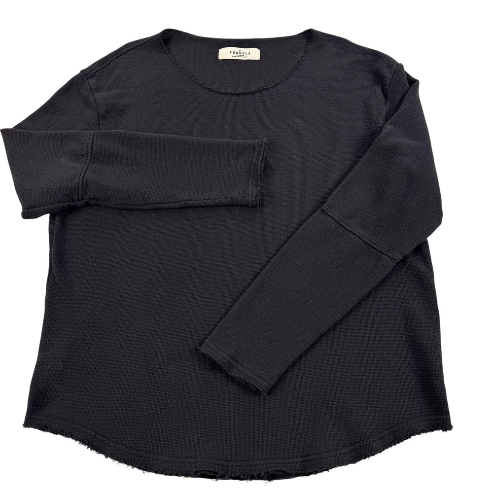 YoungLA Shirt Mens XL Black Long Sleeve Crew Neck Thermal Waffle Knit Raw Hem